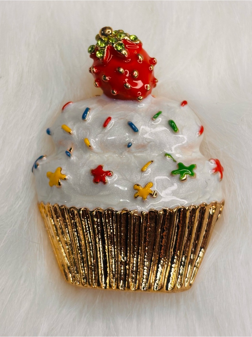 Strawberry Cupcake Brooch – White Enamel Sprinkle Dessert Pin